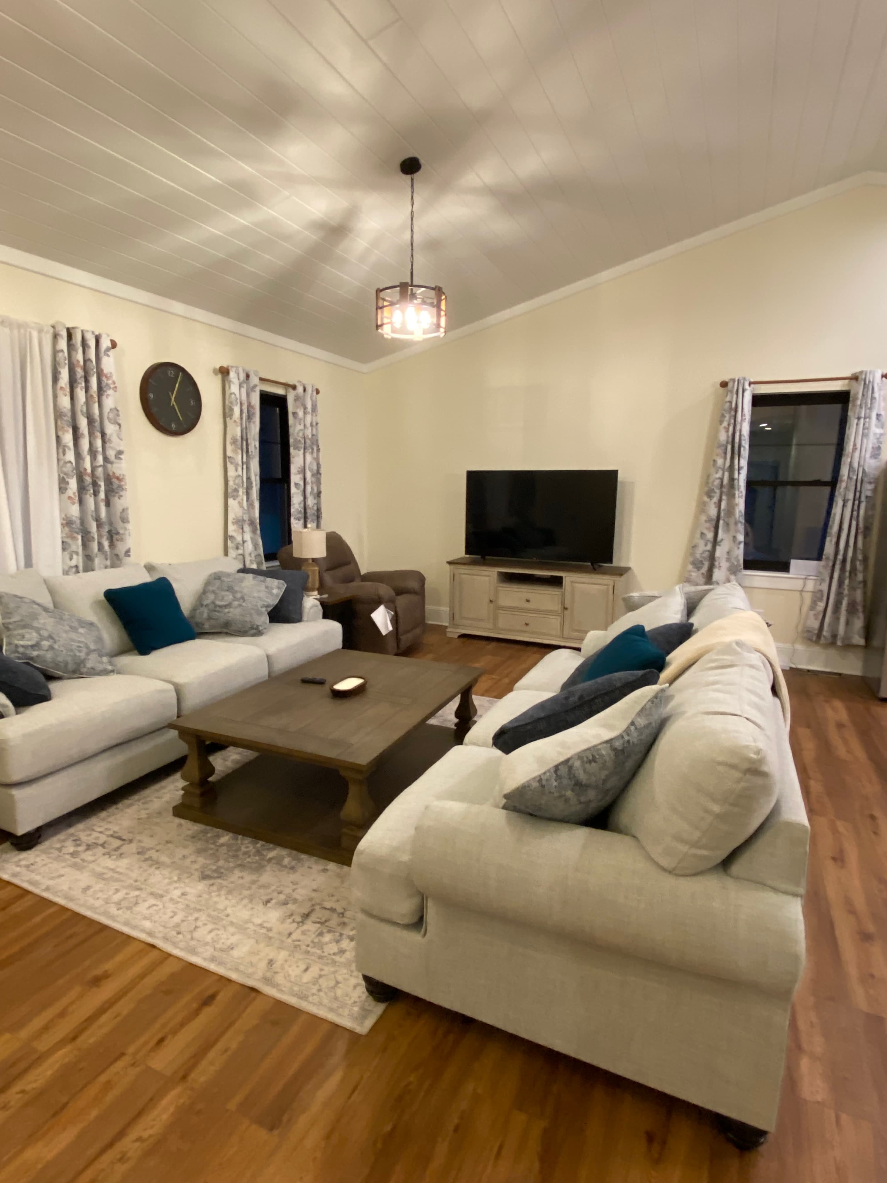 Double plush sofa in the living room with 65 inch TV